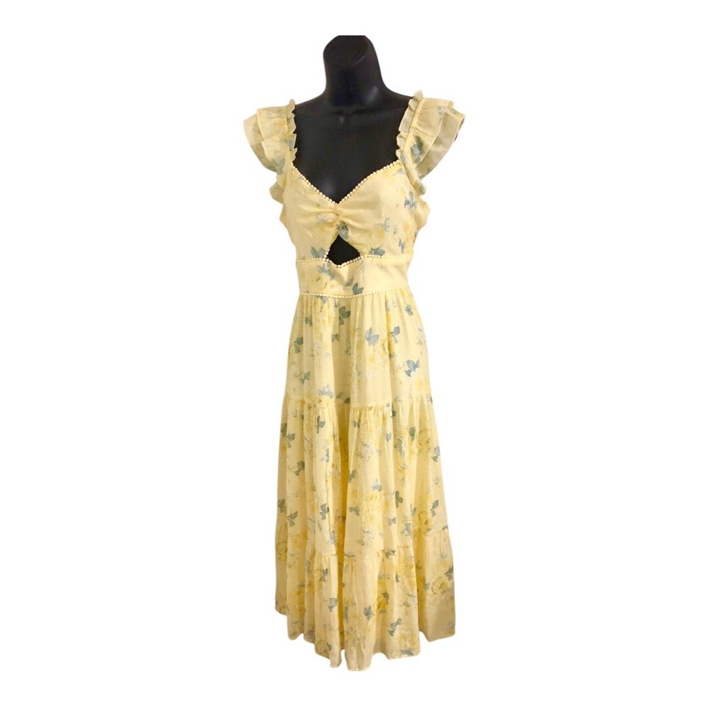 Trixxi yellow blue floral print cutout bust ruffle shoulder dress size XL new